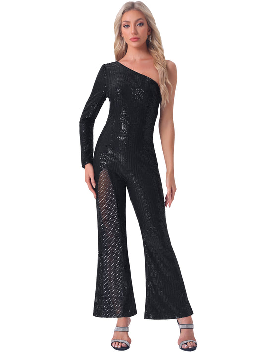 Women's Sequin Jumpsuit One Shoulder See Through Wide Legs Party Romper