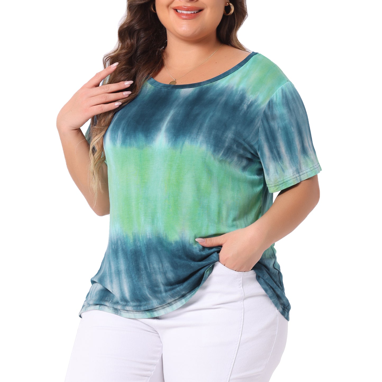 Women Plus Size Round Neck Short Sleeve T-Shirts Rainbow Tie Dye Tee Top