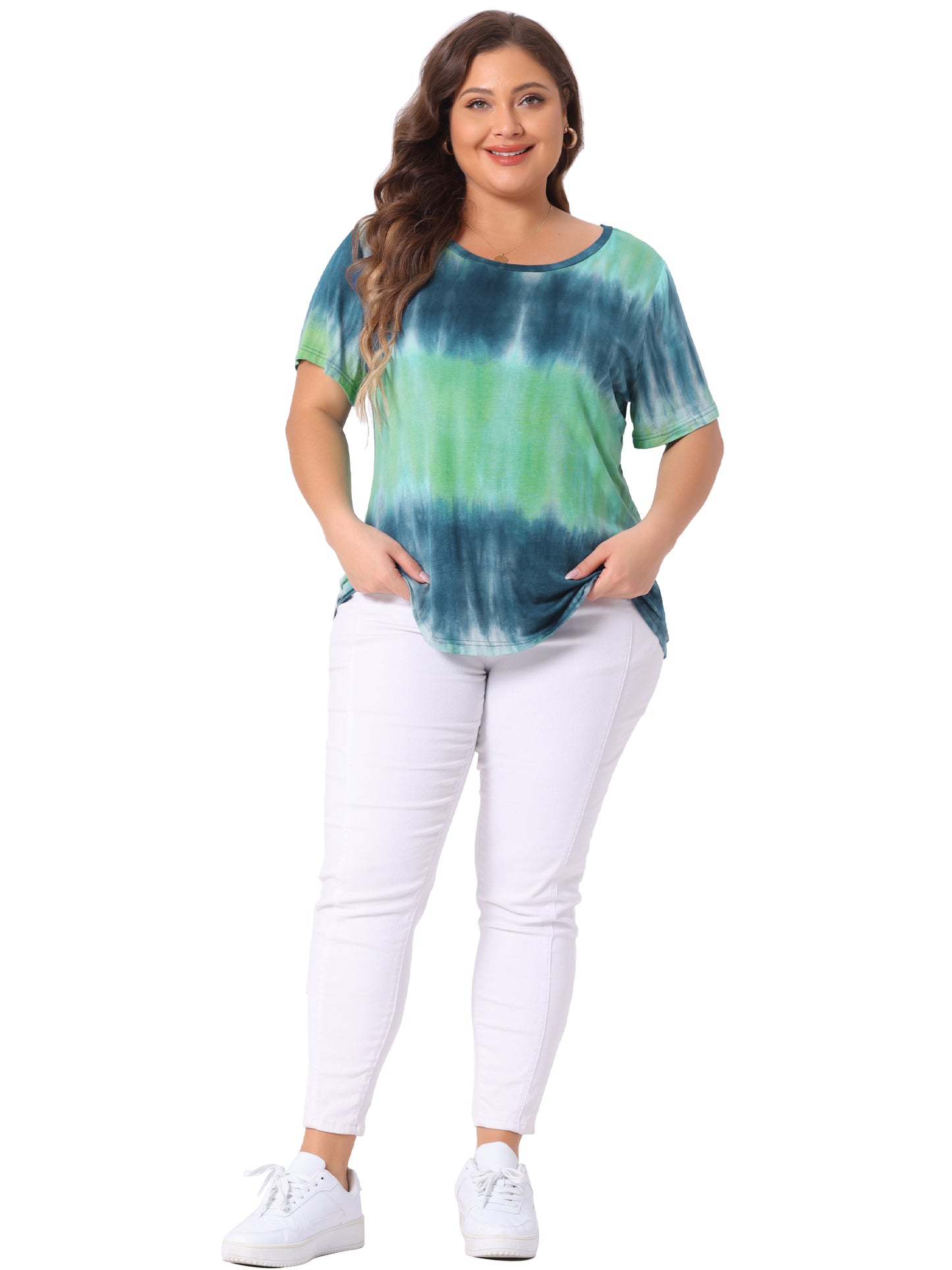 Women Plus Size Round Neck Short Sleeve T-Shirts Rainbow Tie Dye Tee Top