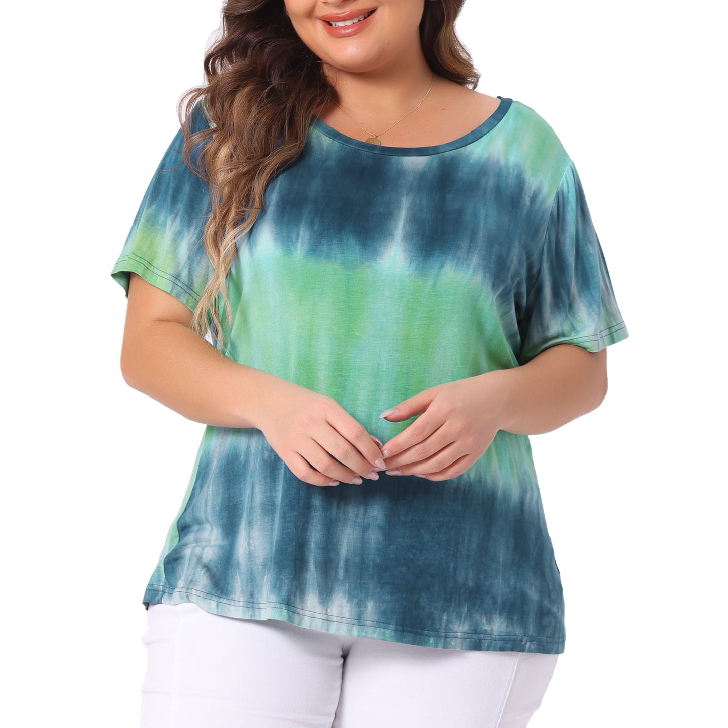 Women Plus Size Round Neck Short Sleeve T-Shirts Rainbow Tie Dye Tee Top