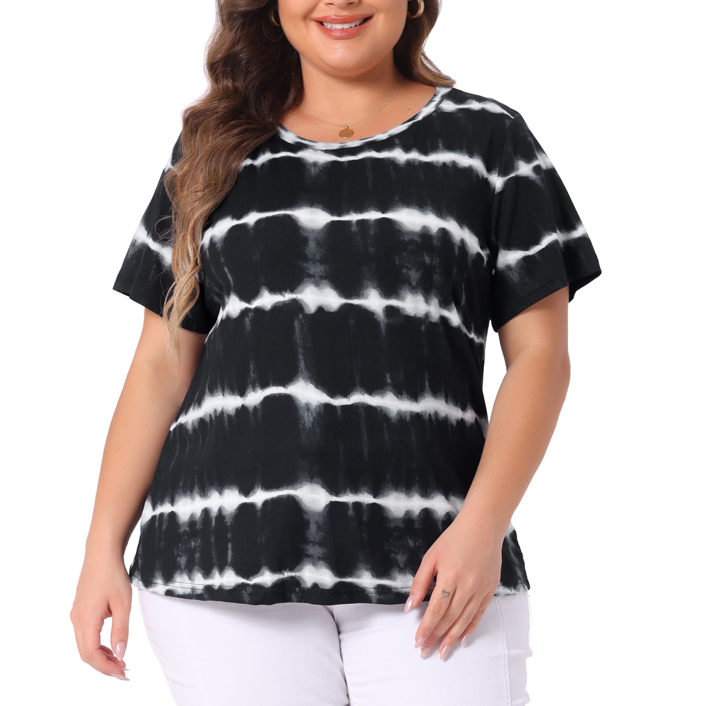 Women Plus Size Round Neck Short Sleeve T-Shirts Rainbow Tie Dye Tee Top