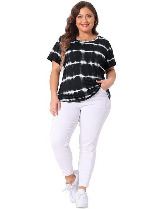 Women Plus Size Round Neck Short Sleeve T-Shirts Rainbow Tie Dye Tee Top