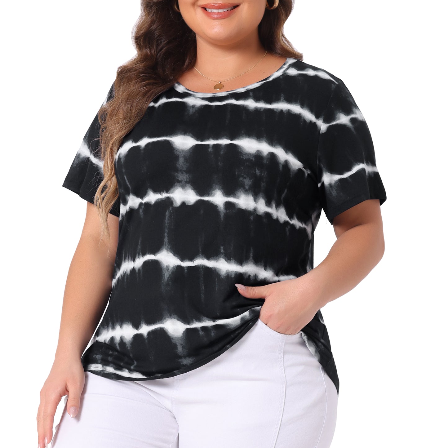 Women Plus Size Round Neck Short Sleeve T-Shirts Rainbow Tie Dye Tee Top