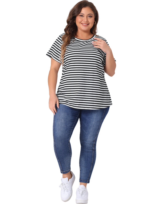 Women Plus Size Stripe T Shirt Short Sleeve Crew Neck Rainbow Striped Top