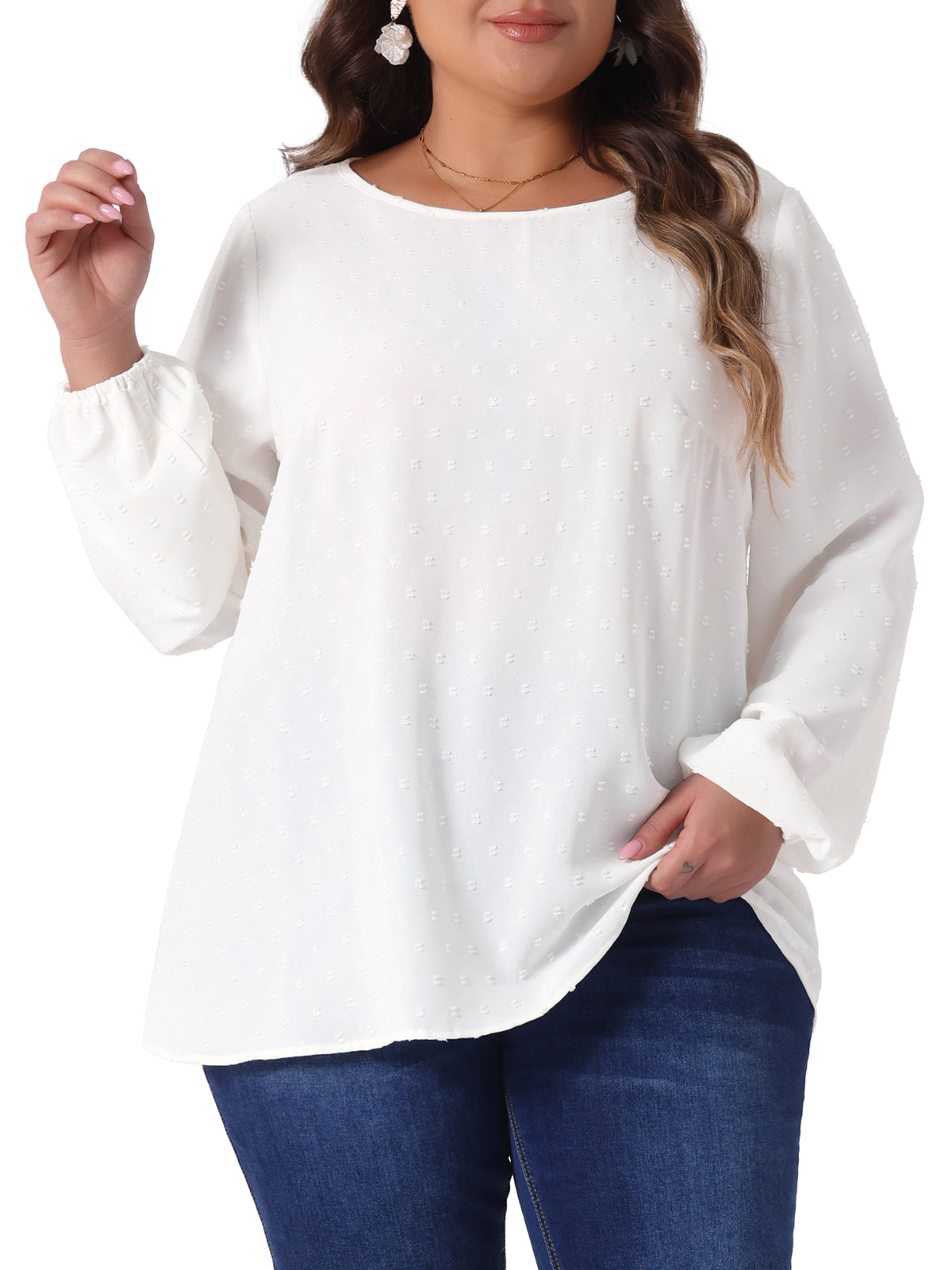 Women Plus Size Chiffon Swiss Dots Long Sleeve Blouses