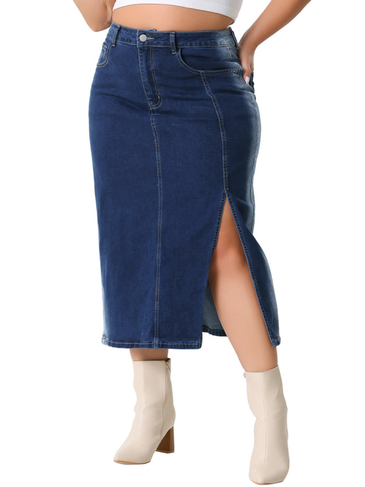 Women Plus Size Denim Skirt High Waist Side Slit Button with Pocket Jean Denim Skirts