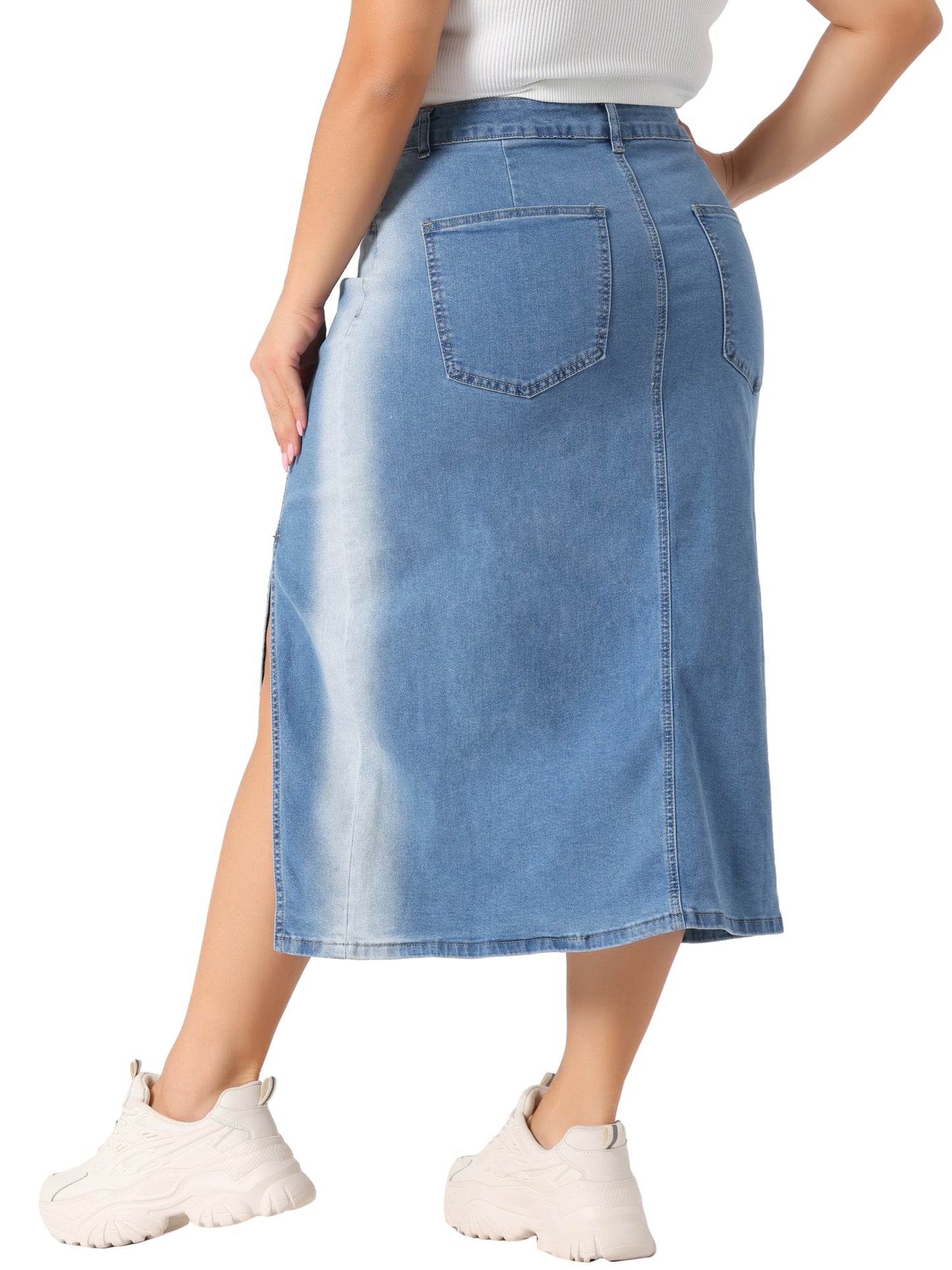 Women Plus Size Denim Skirt High Waist Side Slit Button with Pocket Jean Denim Skirts