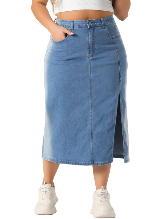 Women Plus Size Denim Skirt High Waist Side Slit Button with Pocket Jean Denim Skirts