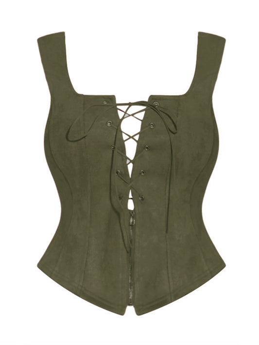 Women's Faux Suede Vintage Steampunk Retro Corset Sleeveless Lace Up Waistcoat Vests