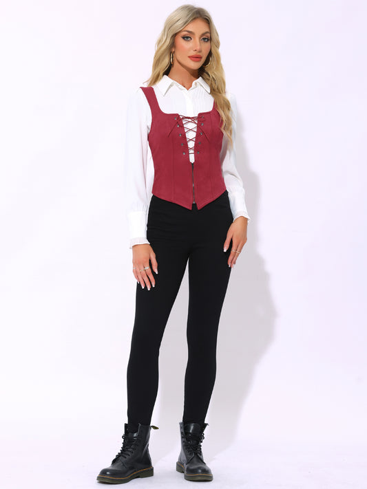 Women's Faux Suede Vintage Steampunk Retro Corset Sleeveless Lace Up Waistcoat Vests