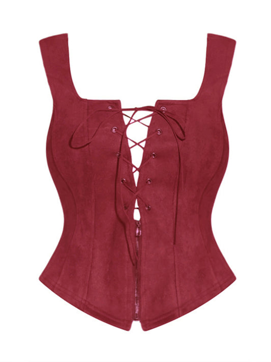 Women's Faux Suede Vintage Steampunk Retro Corset Sleeveless Lace Up Waistcoat Vests