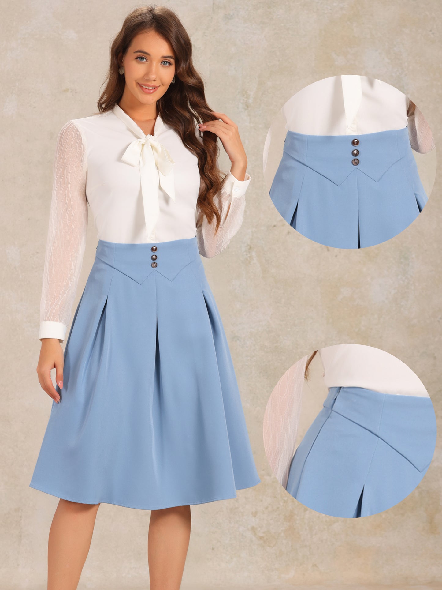 Falda plisada acampanada de cintura alta con botones decorativos para oficina informal para mujer