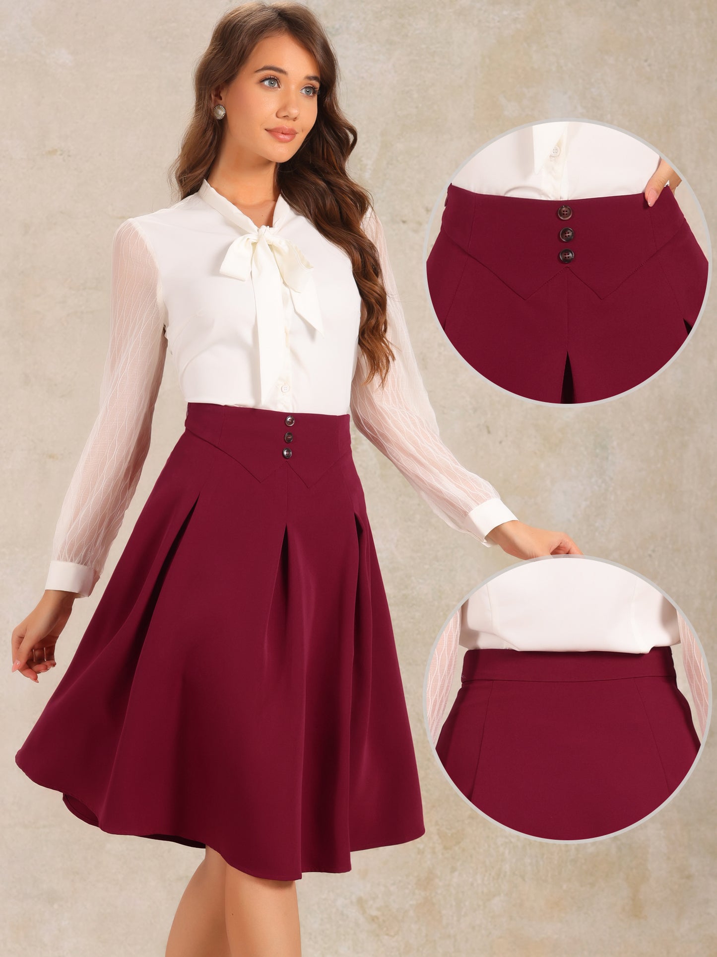 Women's Casual Office A-Line Skirt Button Decor High Waist Midi Flared Pleated Skirt