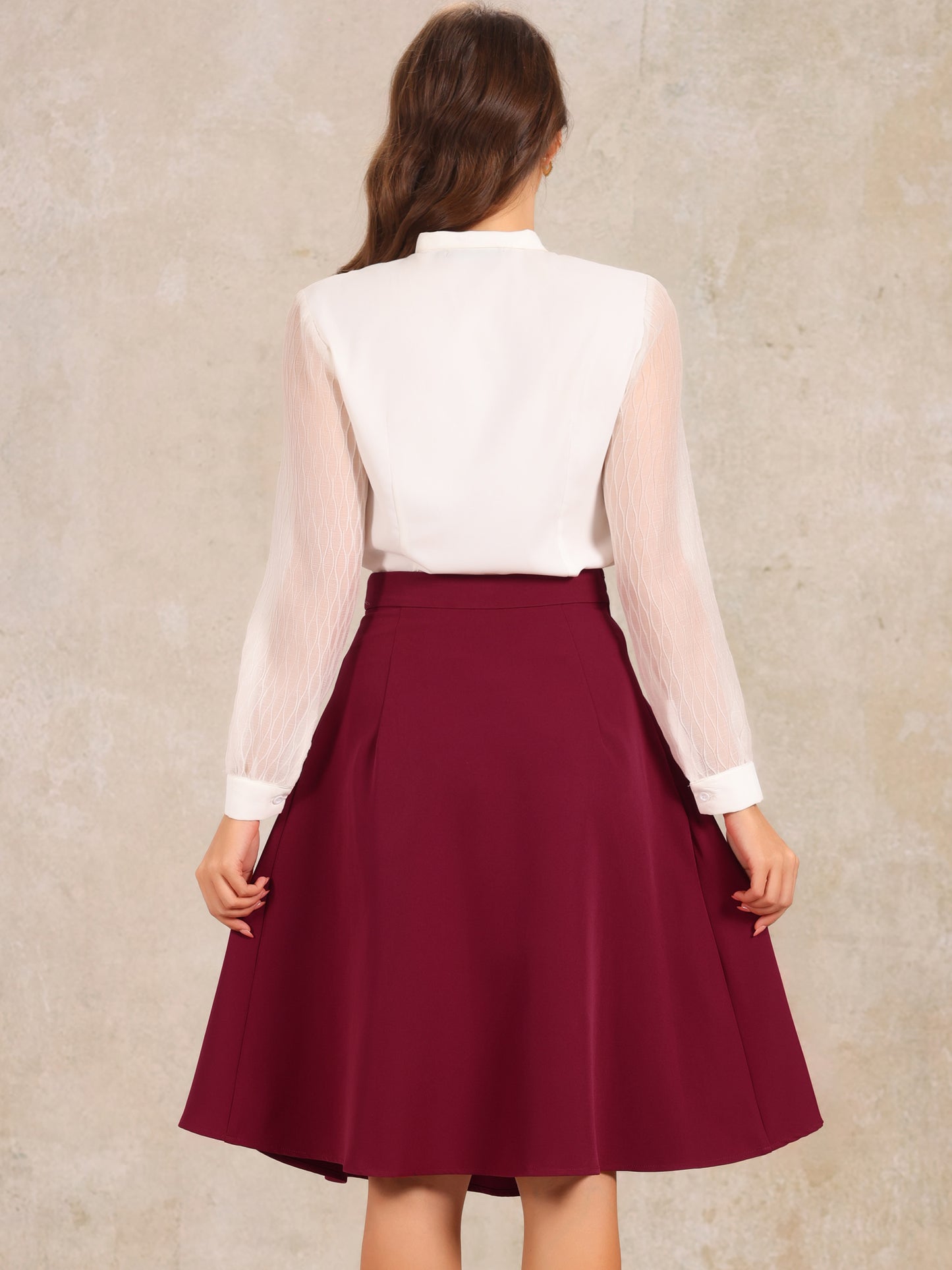 Women's Casual Office A-Line Skirt Button Decor High Waist Midi Flared Pleated Skirt