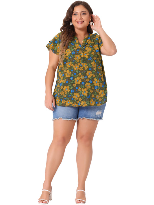 Women's Plus Size Top Floral Printed Ruffle Trim V Neck Layered Sleeve Blouse