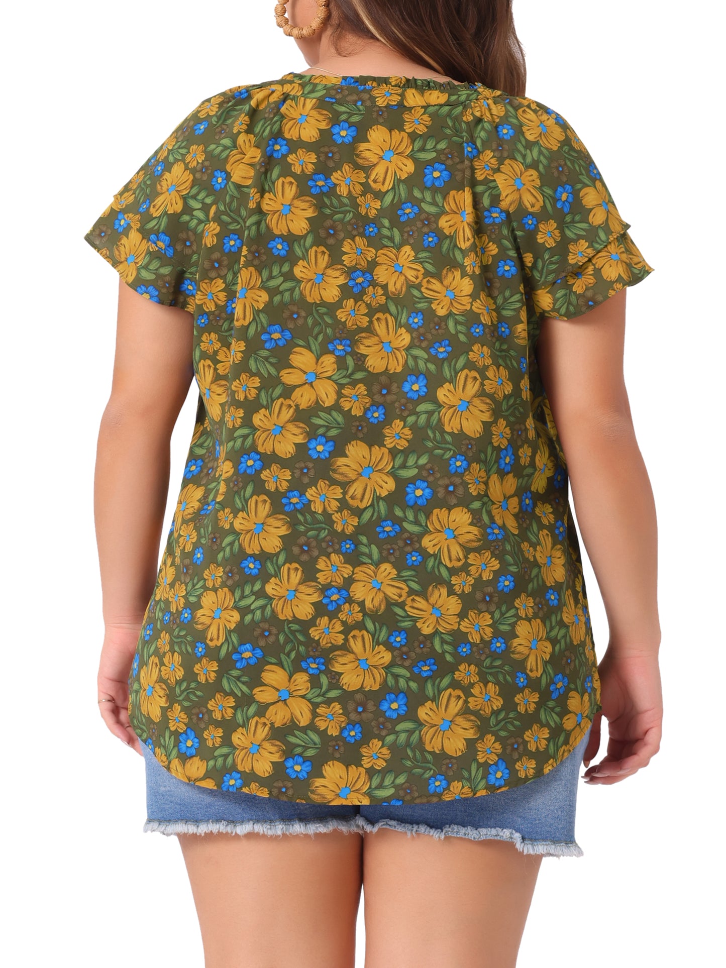 Women's Plus Size Top Floral Printed Ruffle Trim V Neck Layered Sleeve Blouse