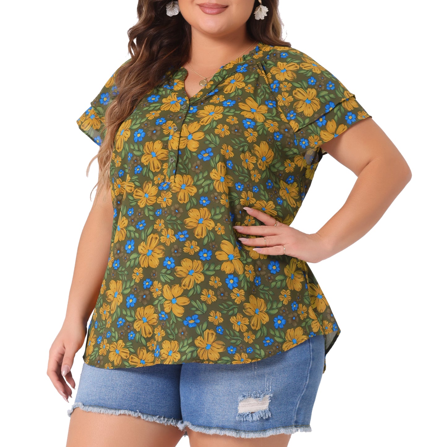 Women's Plus Size Top Floral Printed Ruffle Trim V Neck Layered Sleeve Blouse