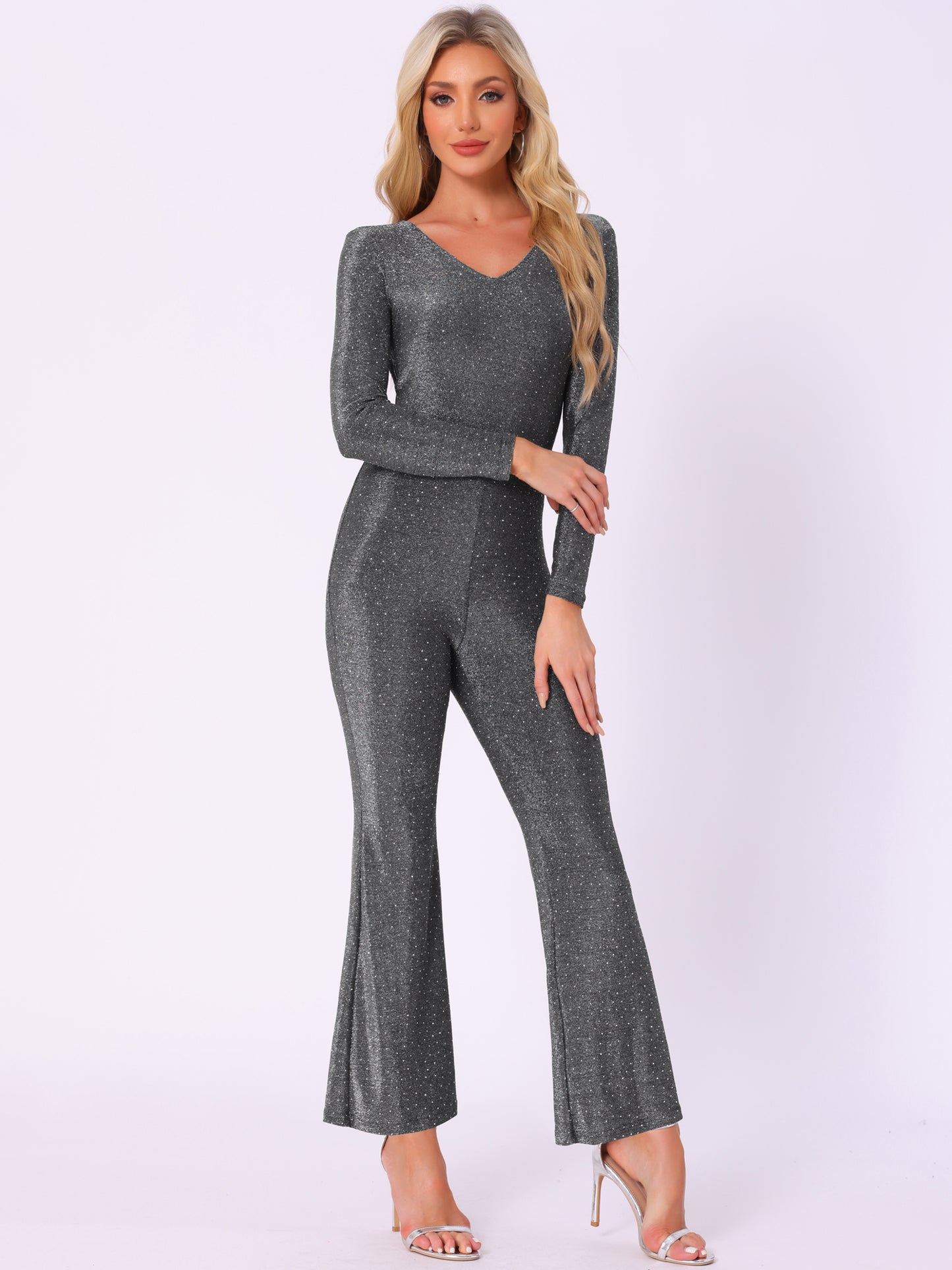 Women's Glitter Jumpsuit Sparkly Wide Leg Sexy V Neck Club Party Jumpsuits