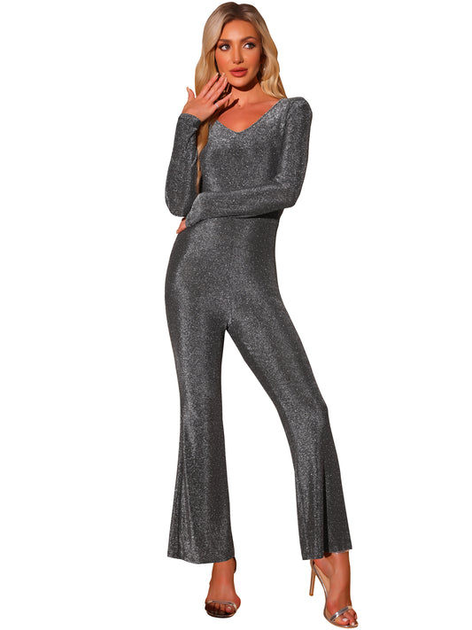Women's Glitter Jumpsuit Sparkly Wide Leg Sexy V Neck Club Party Jumpsuits