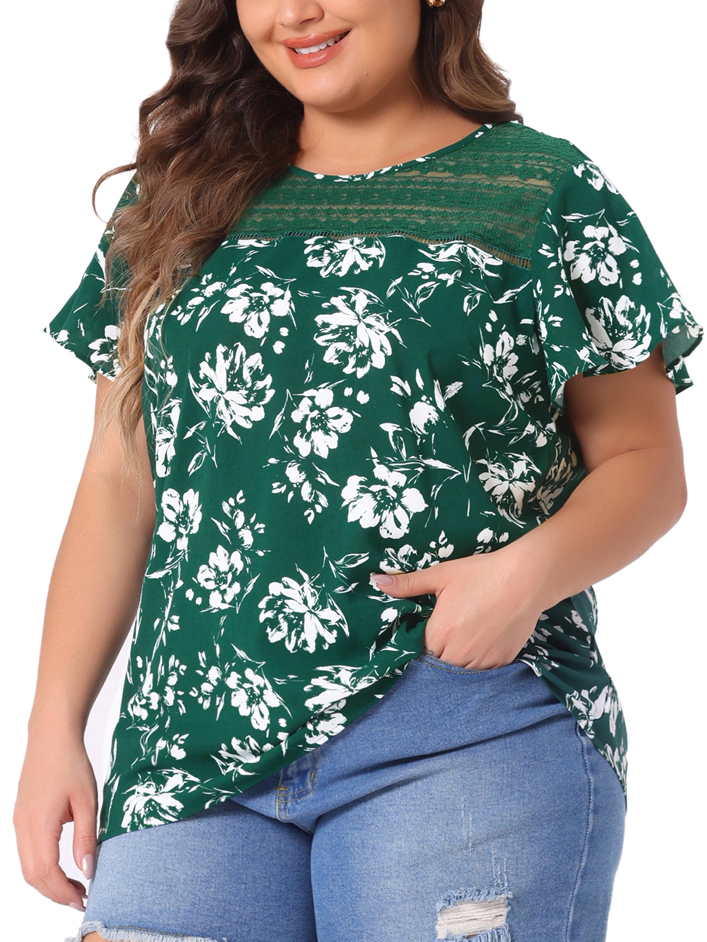 Women Plus Size Flared Sleeve Floral Summer Lace Panel Tunic Blouse