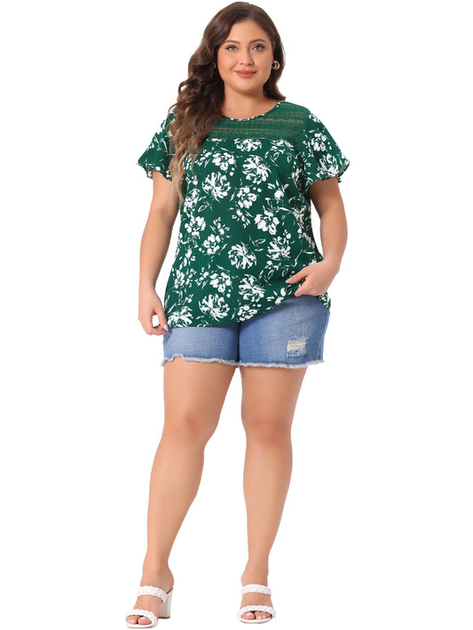 Women Plus Size Flared Sleeve Floral Summer Lace Panel Tunic Blouse