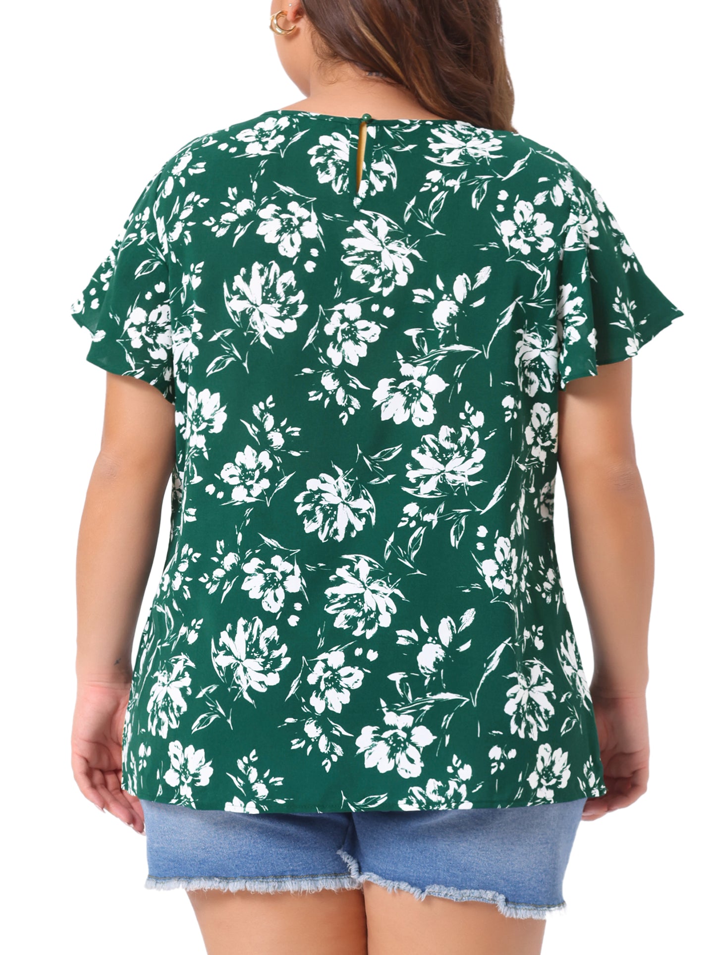 Women Plus Size Flared Sleeve Floral Summer Lace Panel Tunic Blouse