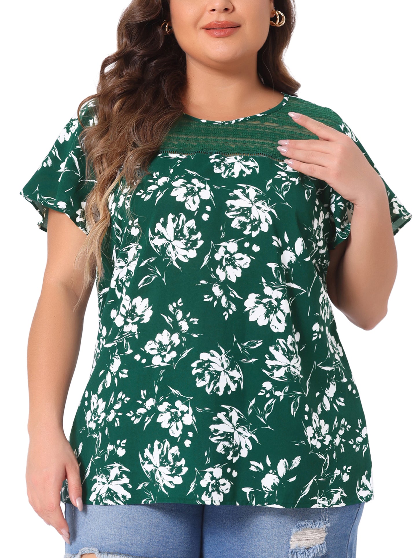 Women Plus Size Flared Sleeve Floral Summer Lace Panel Tunic Blouse