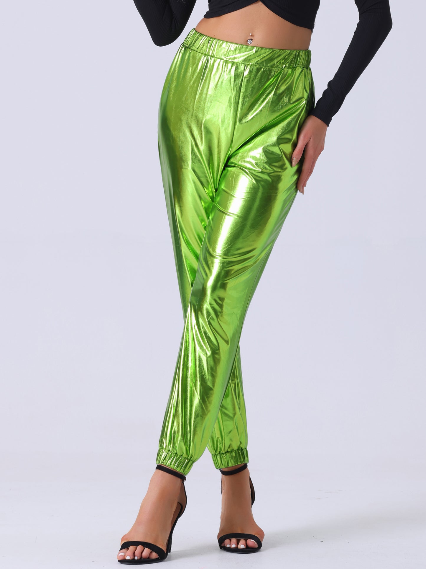 Pantalones metálicos para mujer, con cintura elástica, brillantes y holográficos