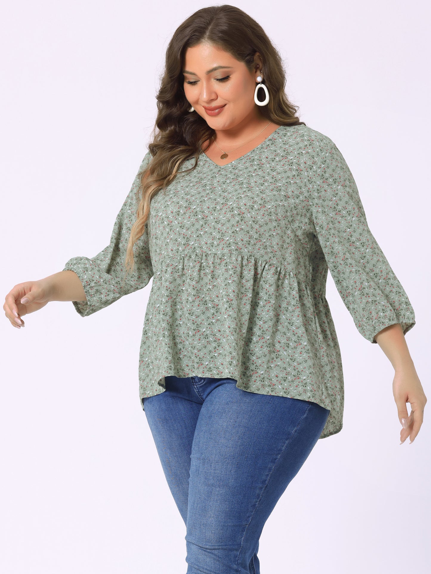Women's Plus Size Top V Neck Babydoll Flowy 3/4 Lantern Sleeve Floral Blouse