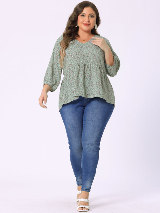 Women's Plus Size Top V Neck Babydoll Flowy 3/4 Lantern Sleeve Floral Blouse