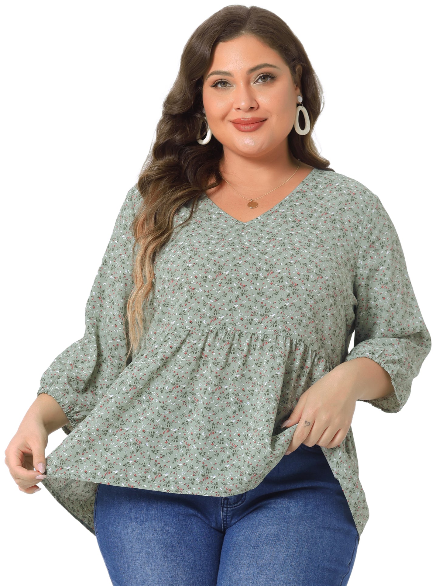 Women's Plus Size Top V Neck Babydoll Flowy 3/4 Lantern Sleeve Floral Blouse