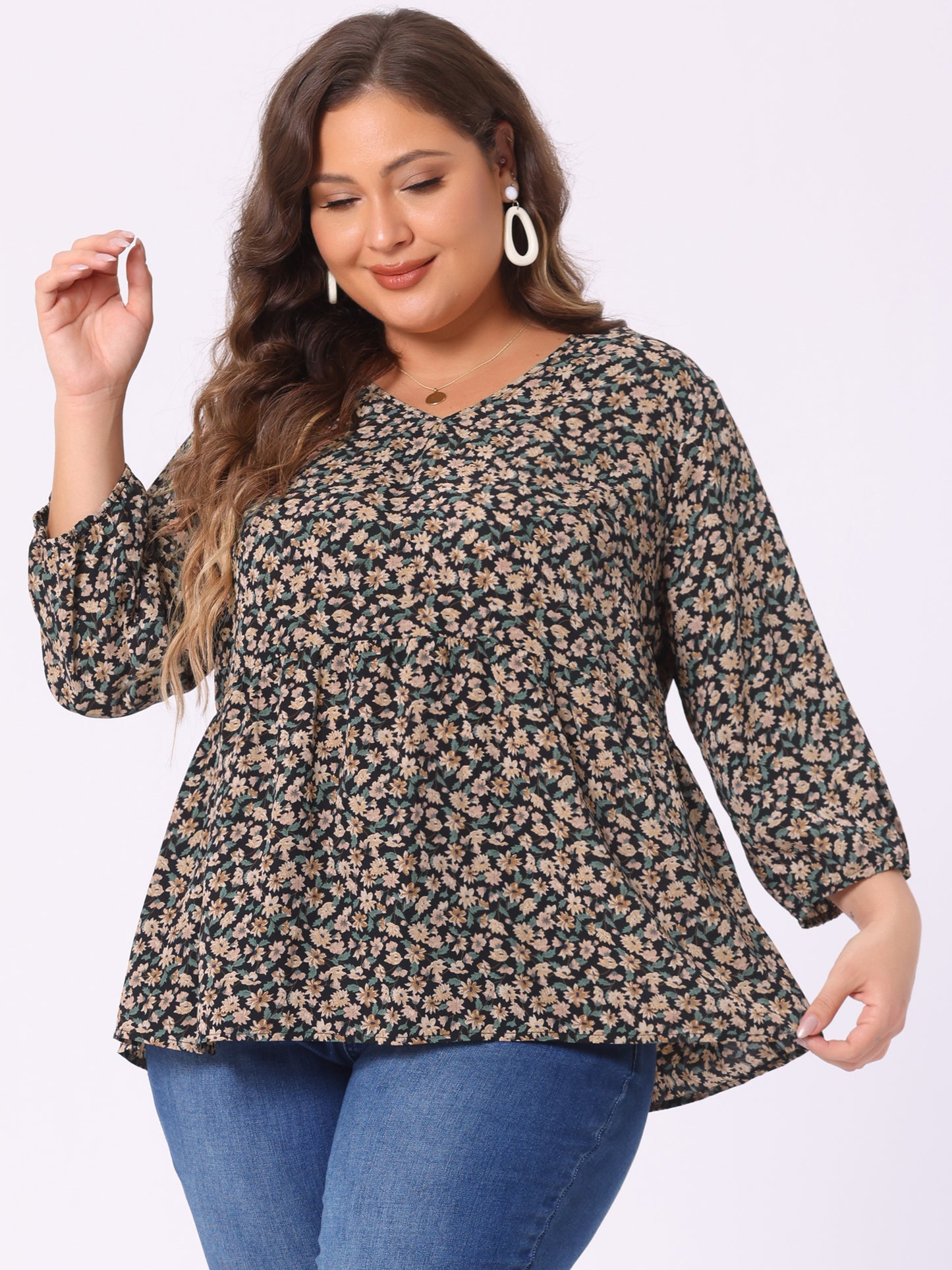 Women's Plus Size Top V Neck Babydoll Flowy 3/4 Lantern Sleeve Floral Blouse