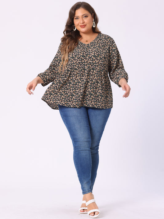 Women's Plus Size Top V Neck Babydoll Flowy 3/4 Lantern Sleeve Floral Blouse