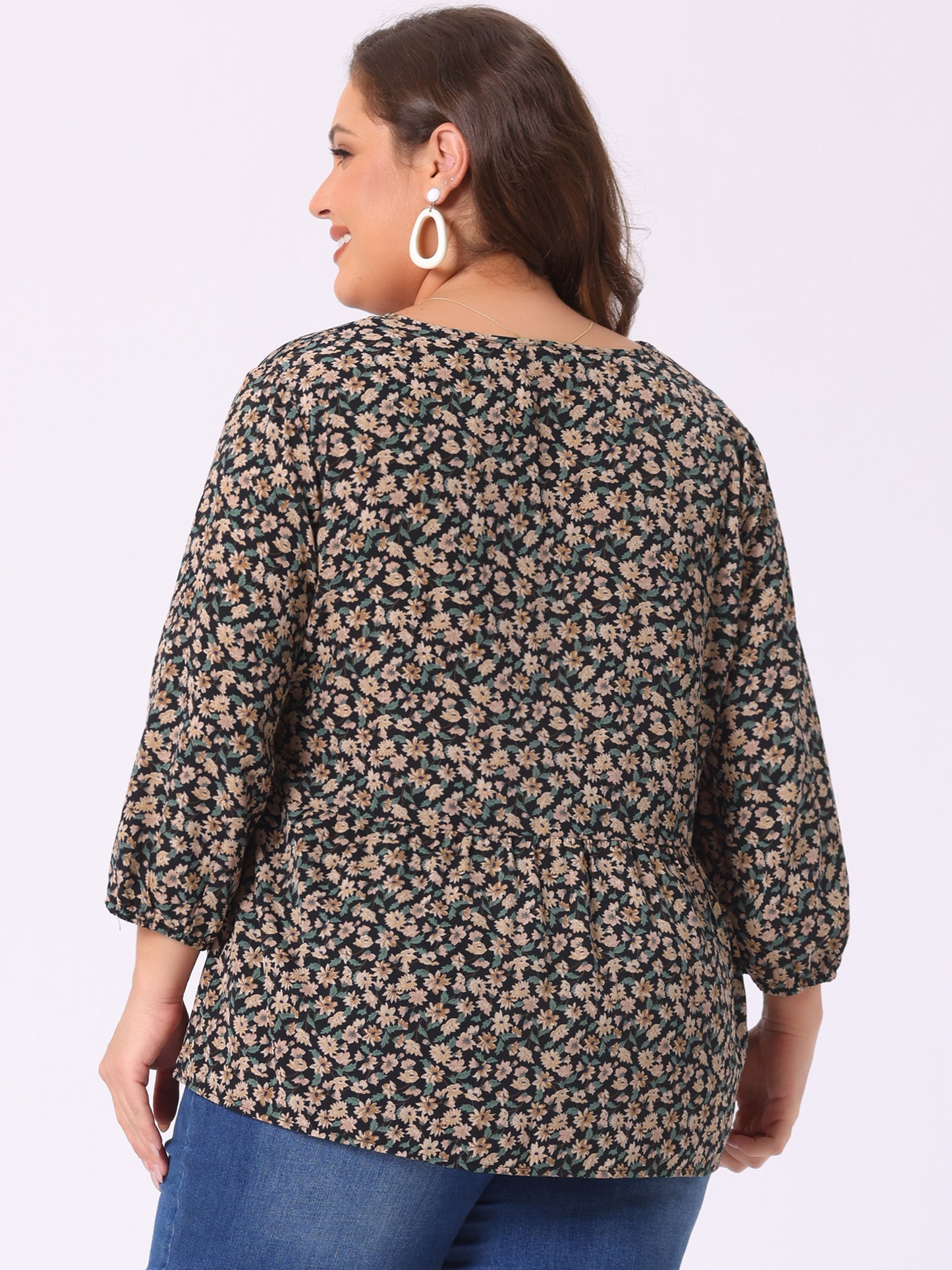 Women's Plus Size Top V Neck Babydoll Flowy 3/4 Lantern Sleeve Floral Blouse