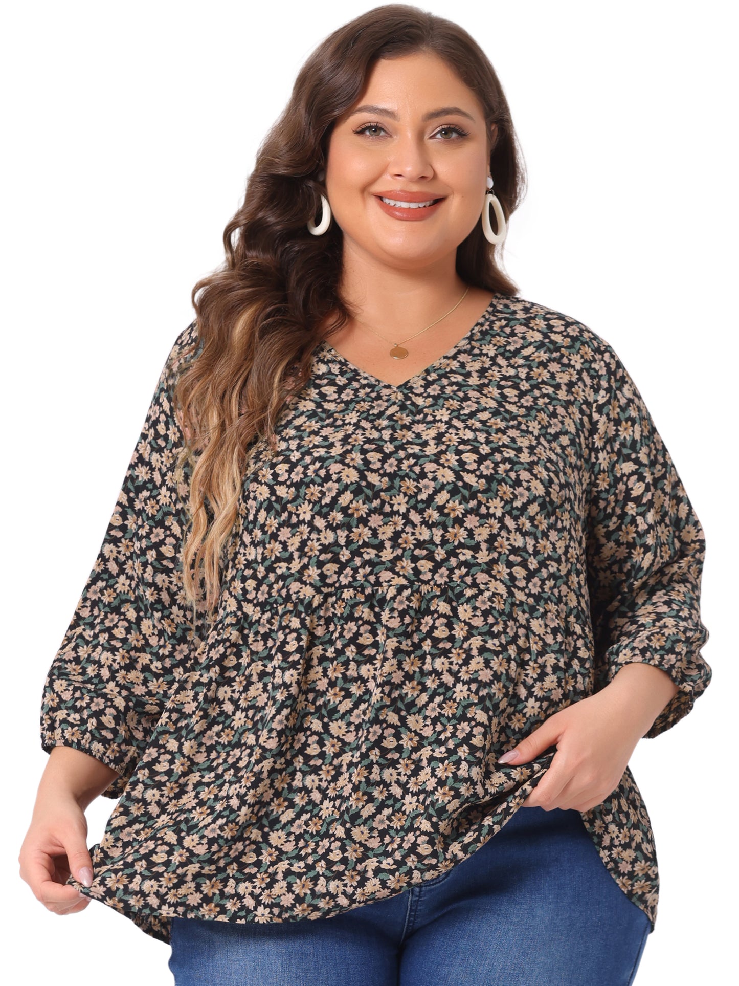 Women's Plus Size Top V Neck Babydoll Flowy 3/4 Lantern Sleeve Floral Blouse