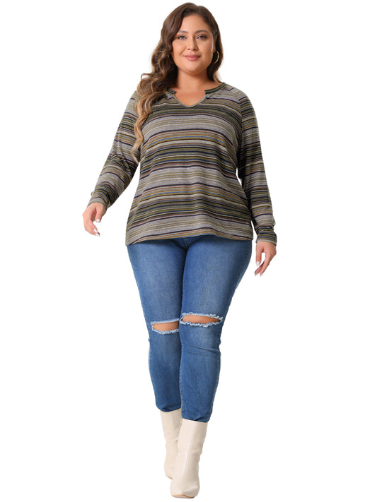Women Plus Size Casual Top Long Sleeve T-Shirt Notch V Neck Tunic