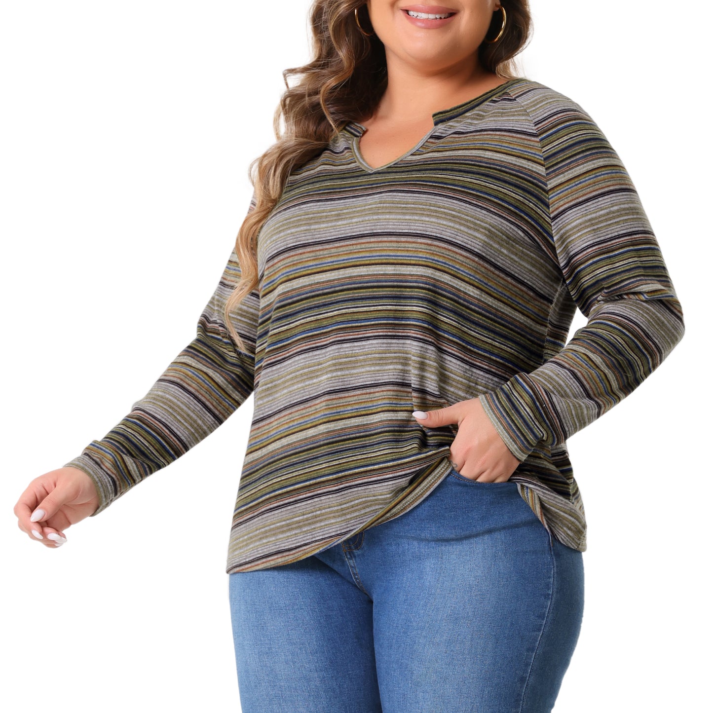 Women Plus Size Casual Top Long Sleeve T-Shirt Notch V Neck Tunic