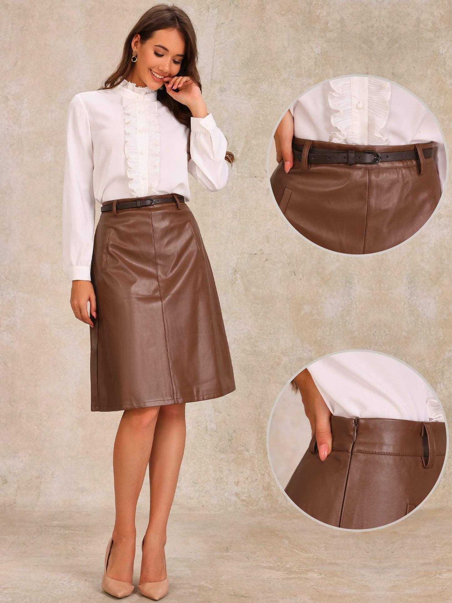 Women's A-Line High Waist PU Fall Winter Faux Leather Belted Midi Skirt
