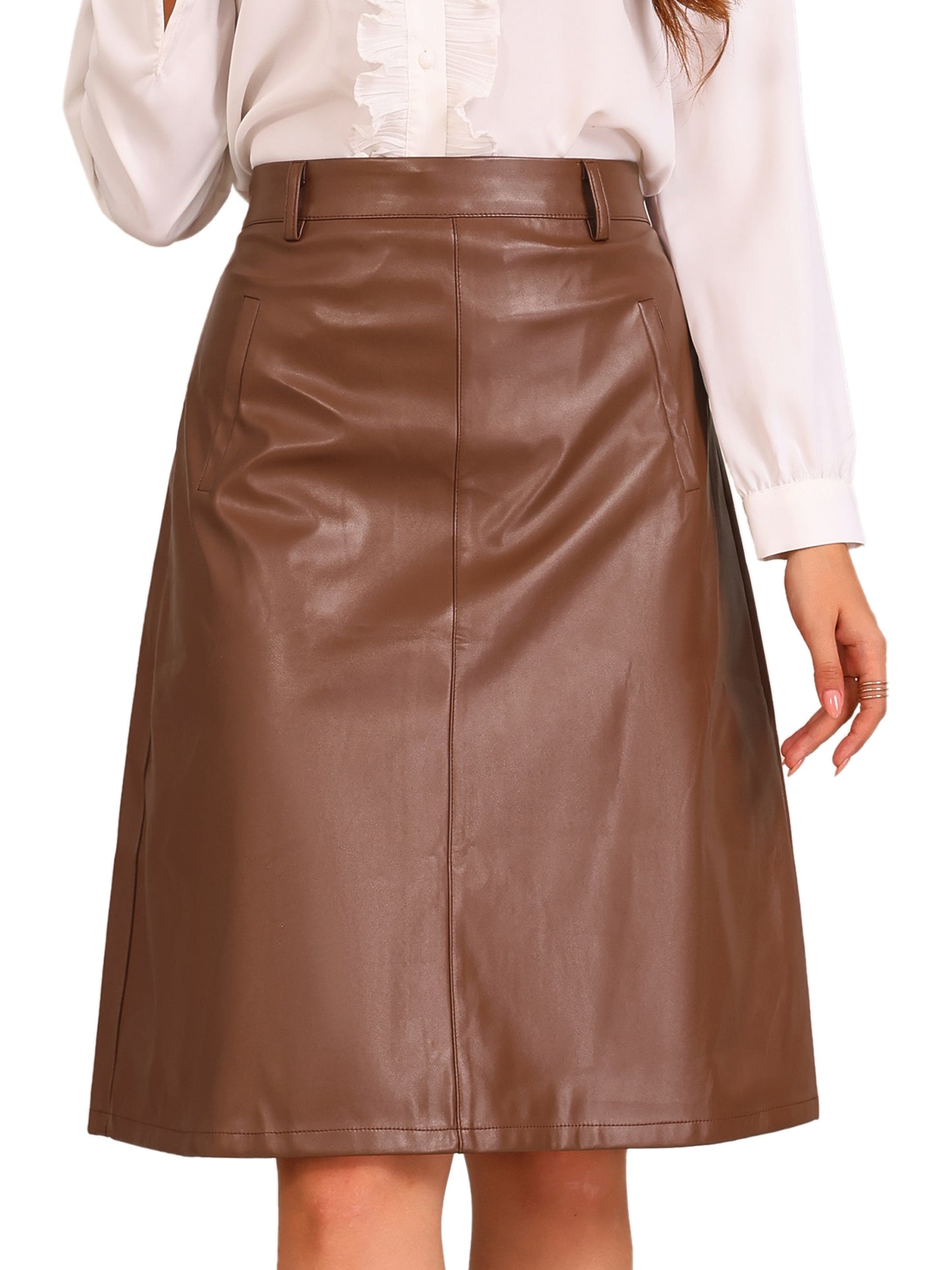 Women's A-Line High Waist PU Fall Winter Faux Leather Belted Midi Skirt