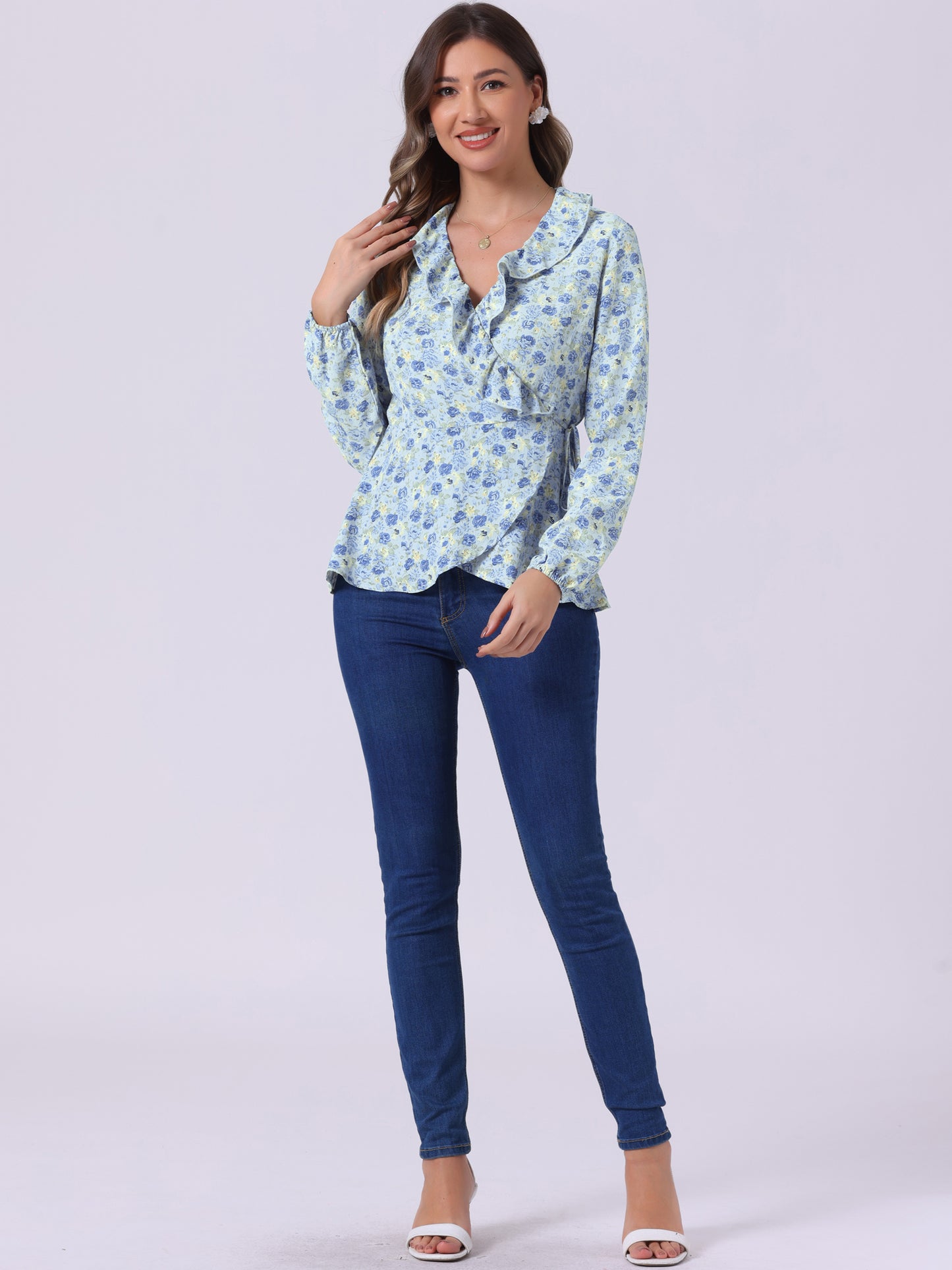 Women's Floral V Neck Wrap Top Long Sleeve Tie Waist Ruffle Peplum Blouse