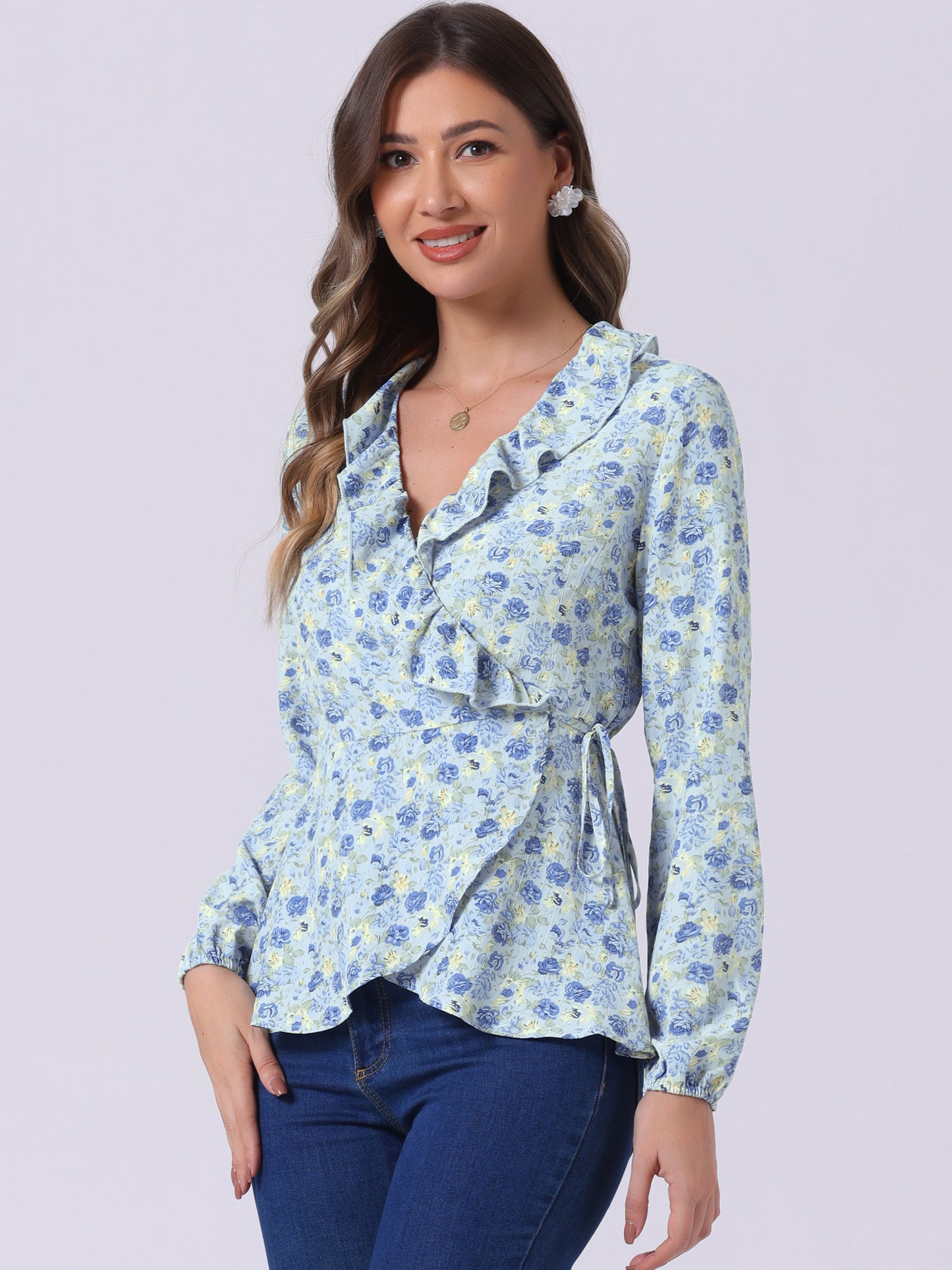 Women's Floral V Neck Wrap Top Long Sleeve Tie Waist Ruffle Peplum Blouse