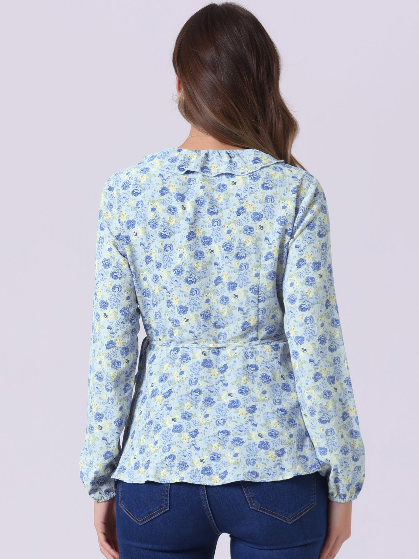 Women's Floral V Neck Wrap Top Long Sleeve Tie Waist Ruffle Peplum Blouse