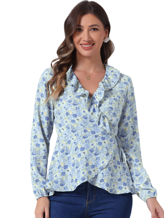 Women's Floral V Neck Wrap Top Long Sleeve Tie Waist Ruffle Peplum Blouse