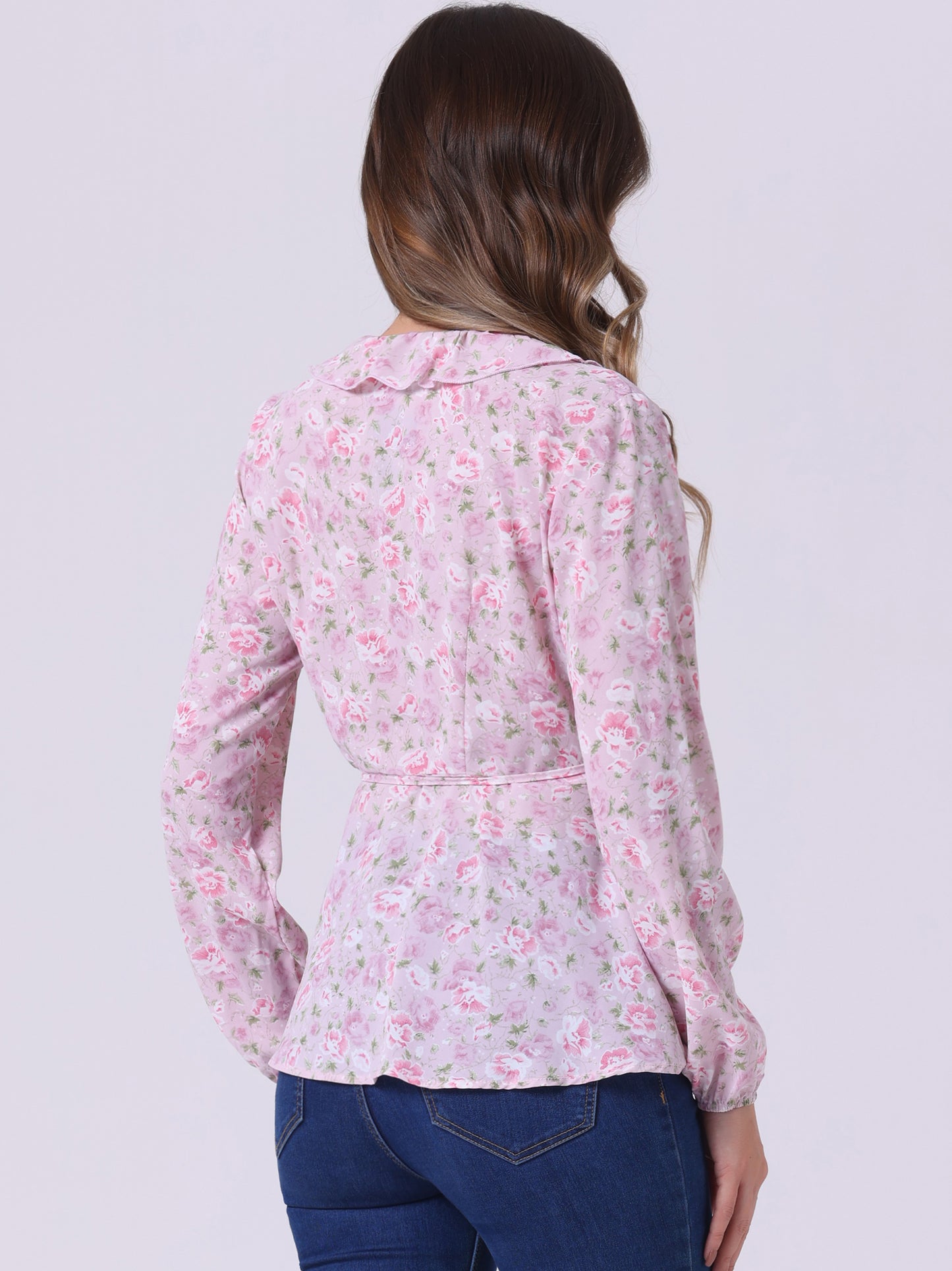 Women's Floral V Neck Wrap Top Long Sleeve Tie Waist Ruffle Peplum Blouse
