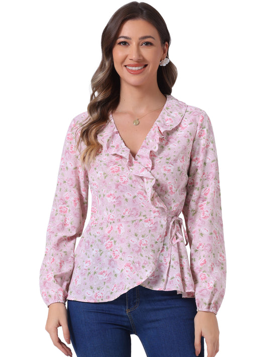 Women's Floral V Neck Wrap Top Long Sleeve Tie Waist Ruffle Peplum Blouse