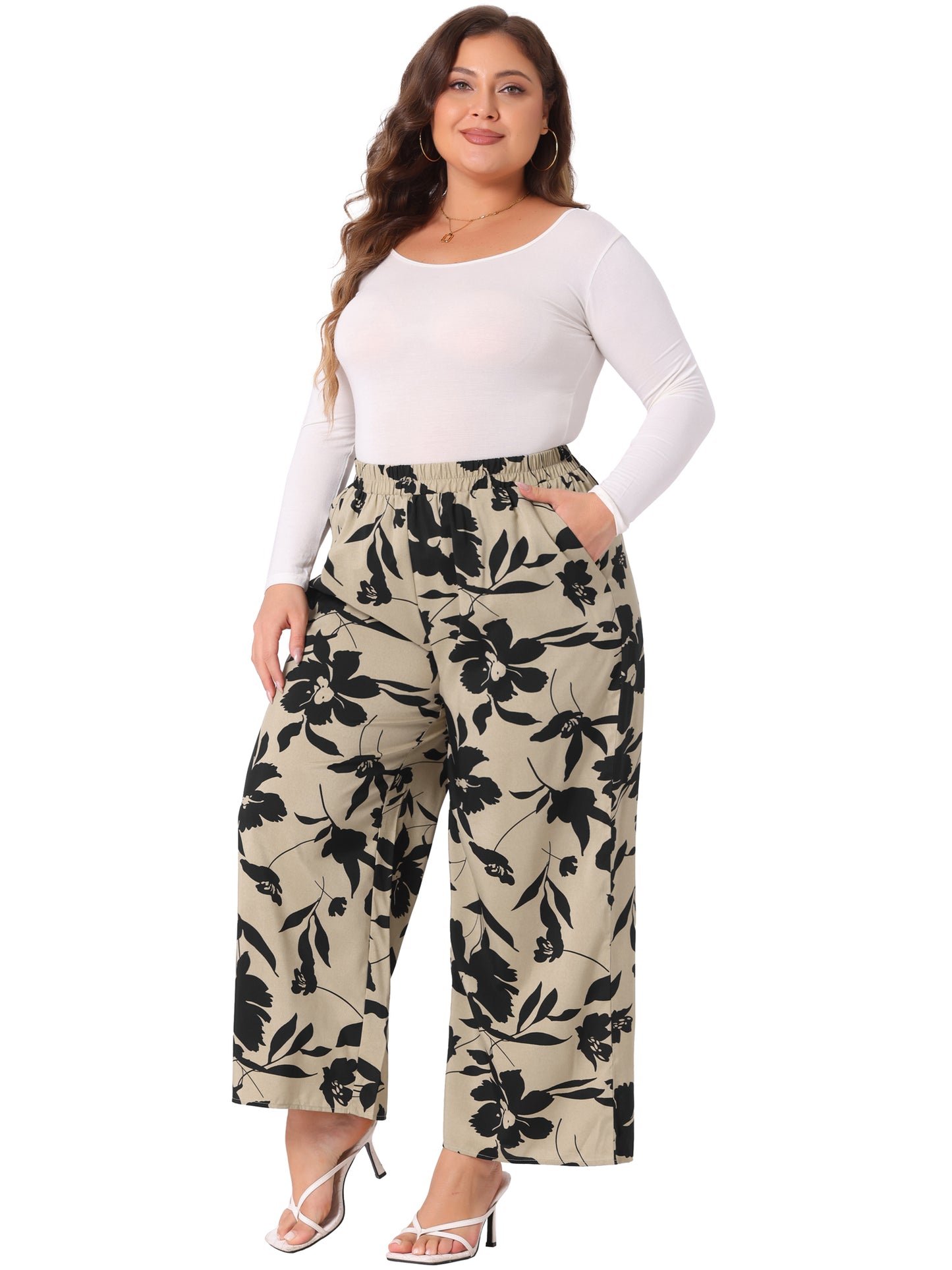 Women Plus Size Palazzo Pants Chiffon Casual Boho High Waist Wide Leg Pant with Pockets