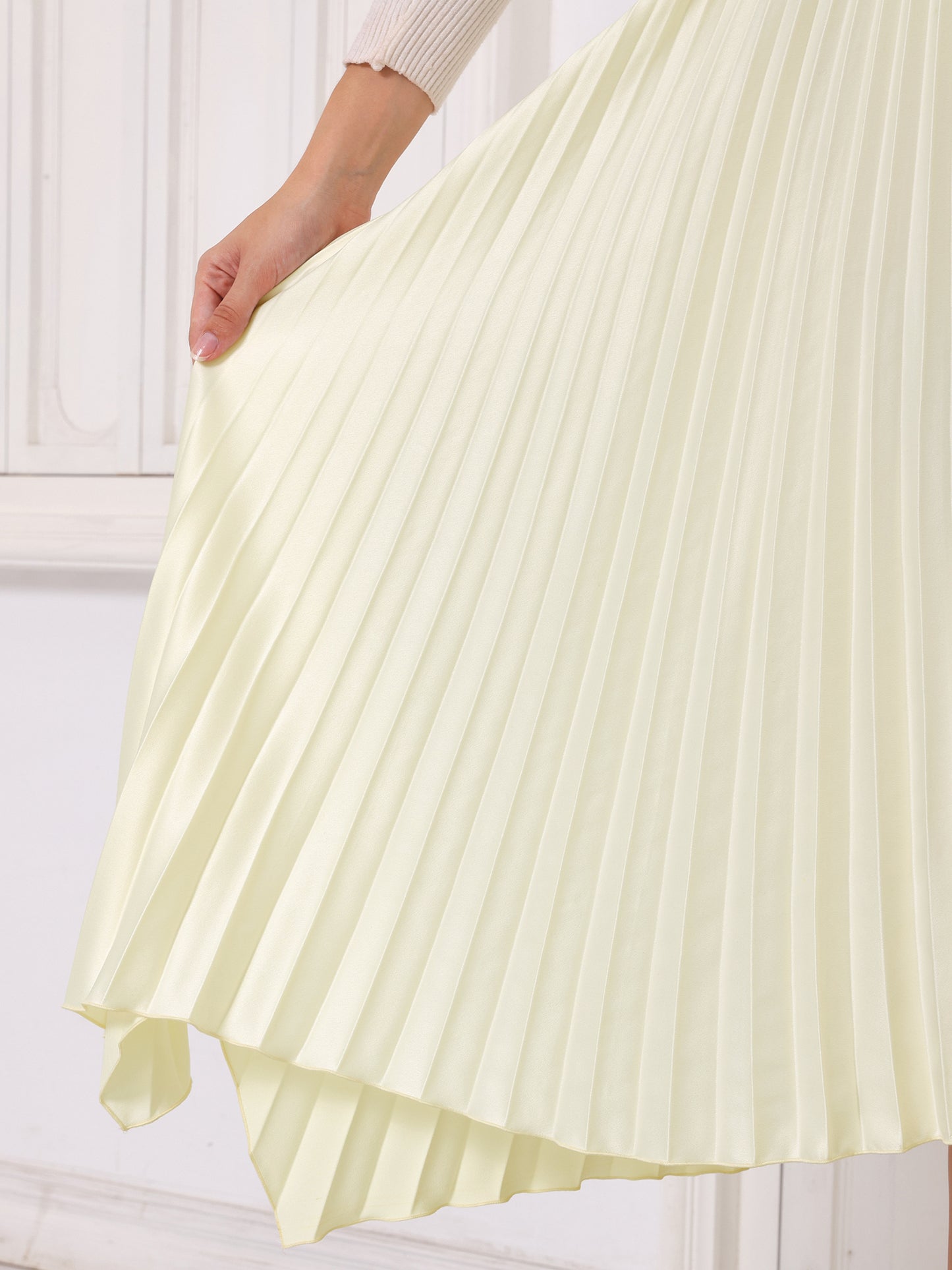 Women's Pleated A-Line Skirt Asymmetrical Hem Satin High Waist Flared Midi Skirt