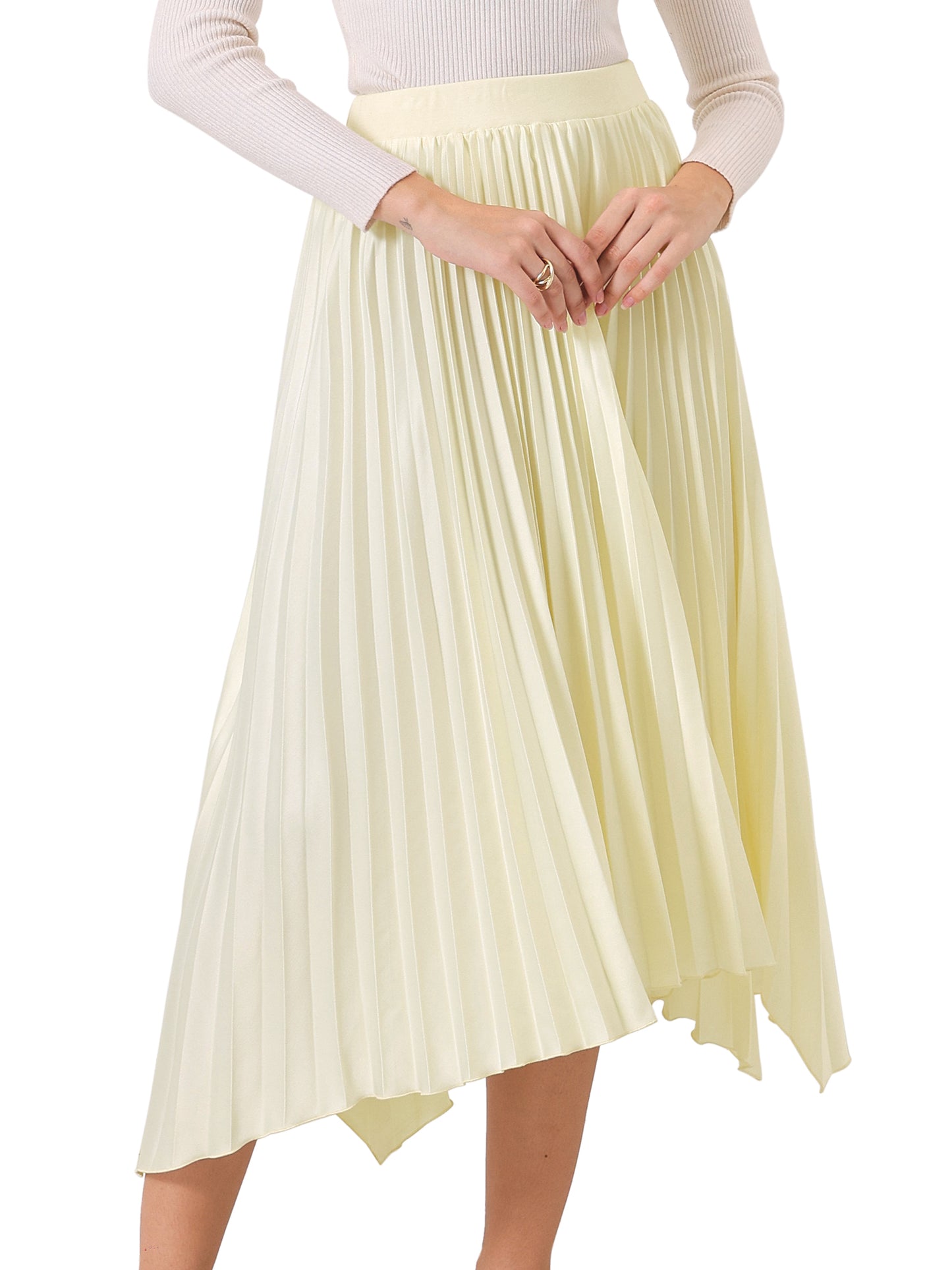 Women's Pleated A-Line Skirt Asymmetrical Hem Satin High Waist Flared Midi Skirt