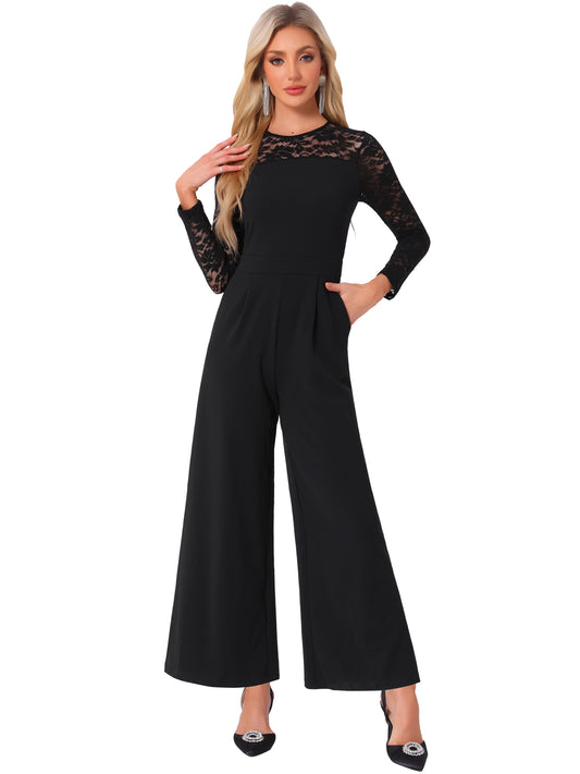 Women's Party Jumpsuits Elegant Crew Neck Mesh Lace Sleeve Loose Wide Leg Romper