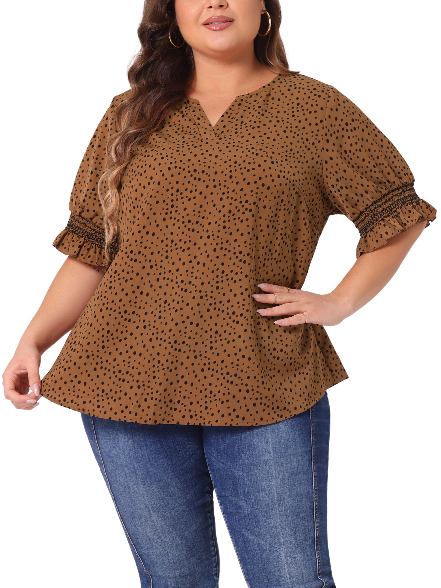 Women's Plus Size Blouse Pin Dots Smocked Floral Boho Blouse